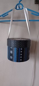 EMPTY blue Snowflake themed ROUND HAT BOX with ribbon handle for gift giving