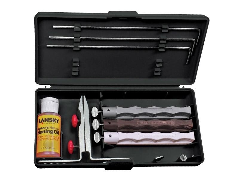Système d affûtage constant avec le kit d aiguisage Lansky et ses 3 pierres d Arkansas