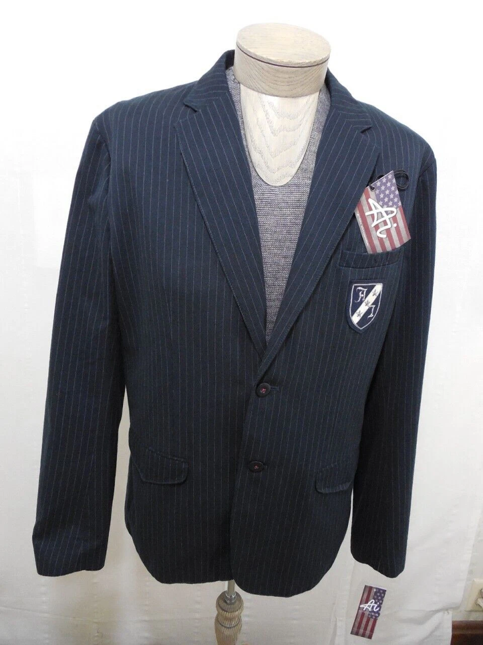 Authentic Icon American Mens Cotton Polo Coat Blazer Navy Blue Pinstripe L $128