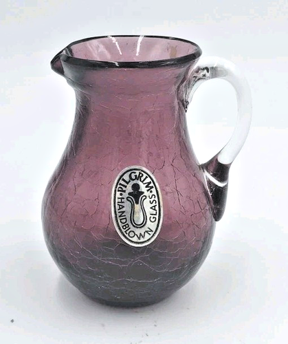 Pilgrim Glass Small Handblown Crackle Glass Purple Pitcher 3.5" H x 3" W - 第 1/7 張圖片