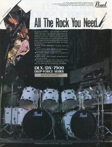 1984 Print Ad of Pearl DLX DX 7500 Deep Force Drum Kit w Chuck Burgi Kelly Keagy