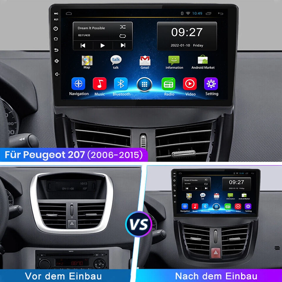 Für Peugeot 207 2006-2015 9" Android 13 Autoradio Stereo GPS Navi BT WIFI FM RDS - Bild 4 von 4