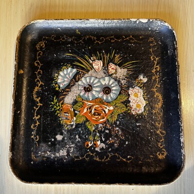 Vtg iSCO Japan Paper Mache Alcohol Proof Sm Tray Trinket Dish Black floral EF2
