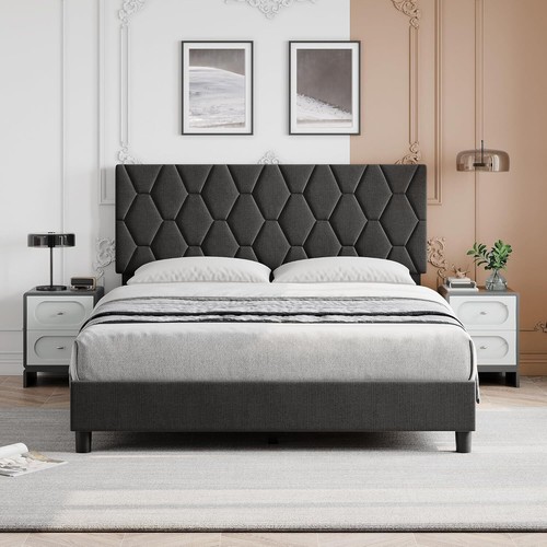 Modern Queen Size Bed Frame with Upholstered Headboard and Wooden Slats Support - Picture 2 of 9