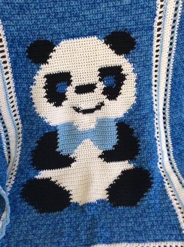 Handmade Blue Knit Panda Blanket 31”x 110” - Picture 5 of 8