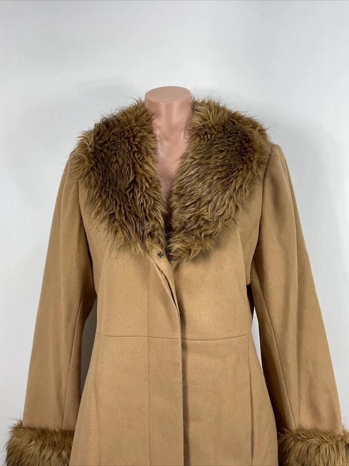 Abrigo de lana vintage Y2K Esprit beige marrón ribete de piel sintética M Penny Lane Bratz chaqueta Foto 3 de 4