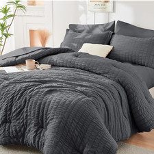 Queen Comforter Set 7 Pieces All Season Luxury Bedding Dark Grey