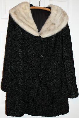 VTG 1950s WOMENS CURLY PERSIAN LAMB WOOL BLACK COAT JACKET w FUR