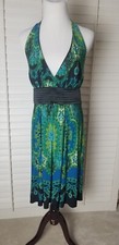 Intrigue Halter Cocktail Dress Teal, Blue, Cream, Cumberbun waist tie back Lg