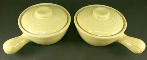 VTG Pair USA Pottery Light Green Handled French Onion Soup/Chili Bowls With Lids