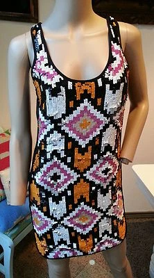 Trina Turk Vif Sequin Ikat Géométrique Aztèque Tribal Ethnique Robe 0 XS S - Photo 1/4
