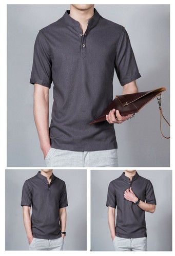 Summer Men's Short sleeve T shirts Pure color Stand collar Loose Casual Tops New - Picture 11 of 17