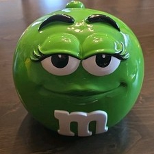 Vtg Ms. GALERIE Green M&M Ceramic Candy Dispenser Cookie Jar Large 9" SEE PICS