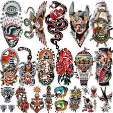 77 sheets Classic Temporary Tattoos Adult, Old School Large, Multicolor