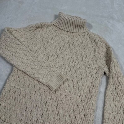 Jeanne Pierre Women Cream Cable Knit Turtleneck Tunic Sweater Cotton Beige Small