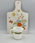 Pyrex Crazy Daisy Creamer + Vintage Floral Cutting Board 70s Kitchen Decor