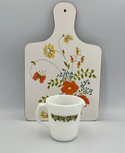 Pyrex Crazy Daisy Creamer + Vintage Floral Cutting Board 70s Kitchen Decor