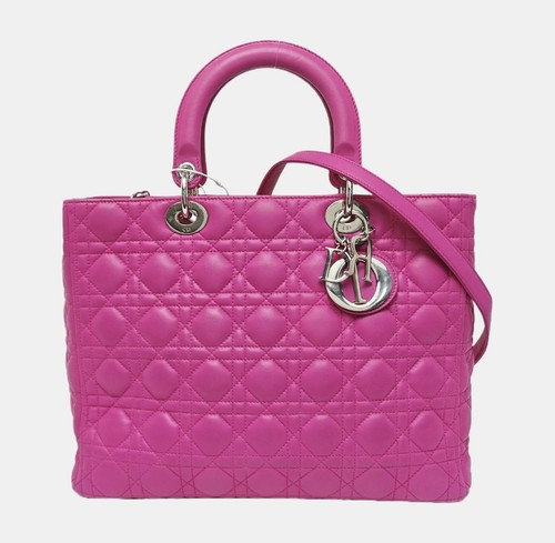 AUTH Dior Medium Lady Dior Rose Fuchsia Cannage Calf Leather Tote Crossbody Bag