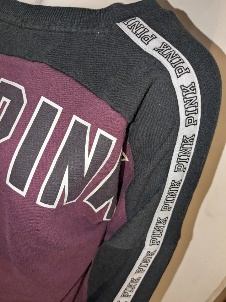 Women's Victoria's Secret LOVE PINK Burgundy & Black V-neck Sweatshirt Sz XS - Image 4 of 4