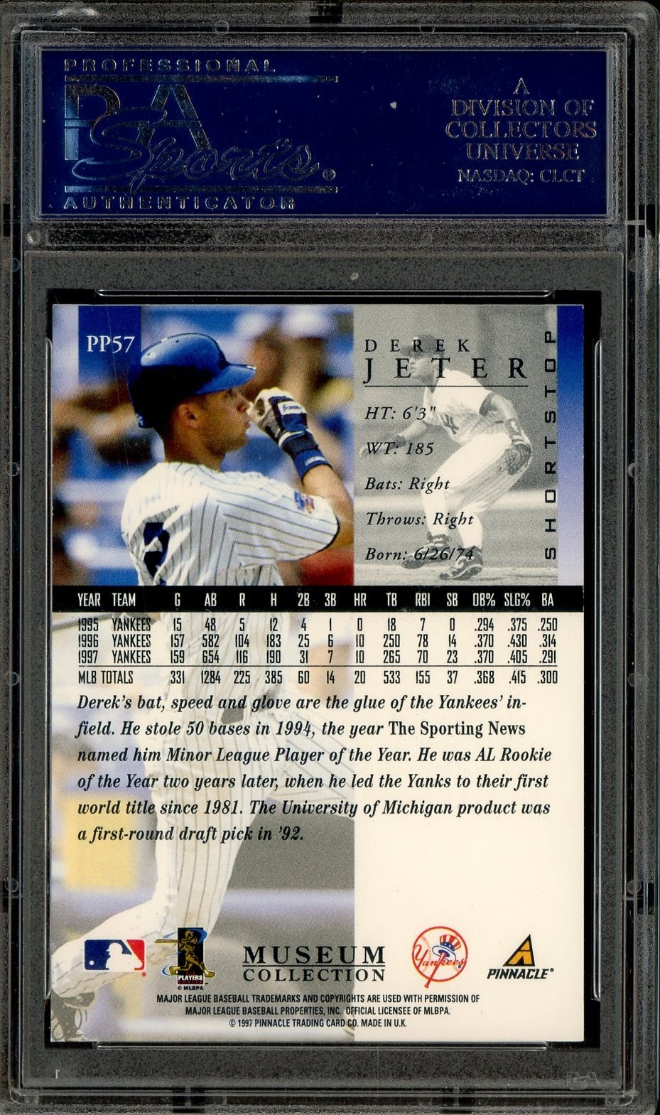 1998 Pinnacle Museum Collection #PP57 Derek Jeter Yankees HOF PSA 10 GEM MINT view 2