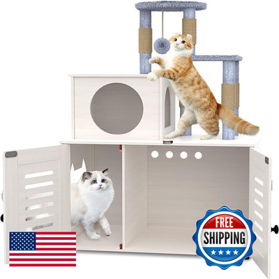 Ryvorbe White All-In-One Cat Cabinet Litter Enclosure Scratching Post Soft