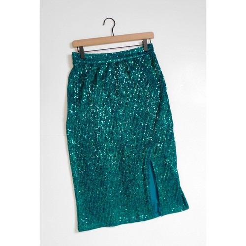 Anthropologie MAEVE Alicia Green Sequined Midi Skirt Sequins MP Medium Petite - Picture 2 of 16