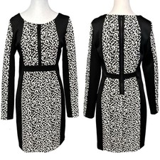 Guess Leopard Print Long Sleeve Bodycon Dress Black White Office Size 10