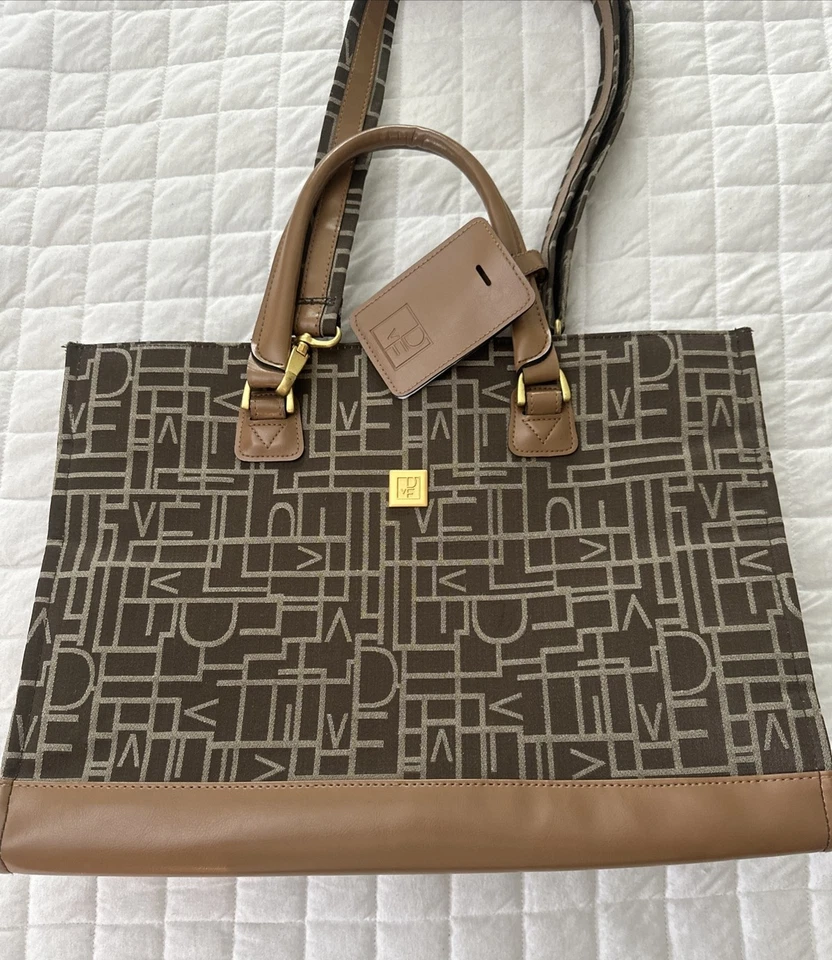 DIANE VON FURSTENBERG Tote Bag Womens Large Brown Logo Shoulder Office Travel - Image 4 of 4