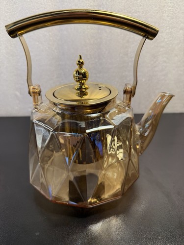 Heat Resistant Amber Glass Tea Pot Copper Handle & Lid with Infuser