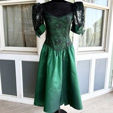 VTG 80s Alfred Angelo Prom Dress Iridescent Green Bow Black Lace Sz 11/12 UNION