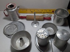Vintage Childs Little Bo Peep Percolator Bake Ware Red Handled Rolling Pin Set
