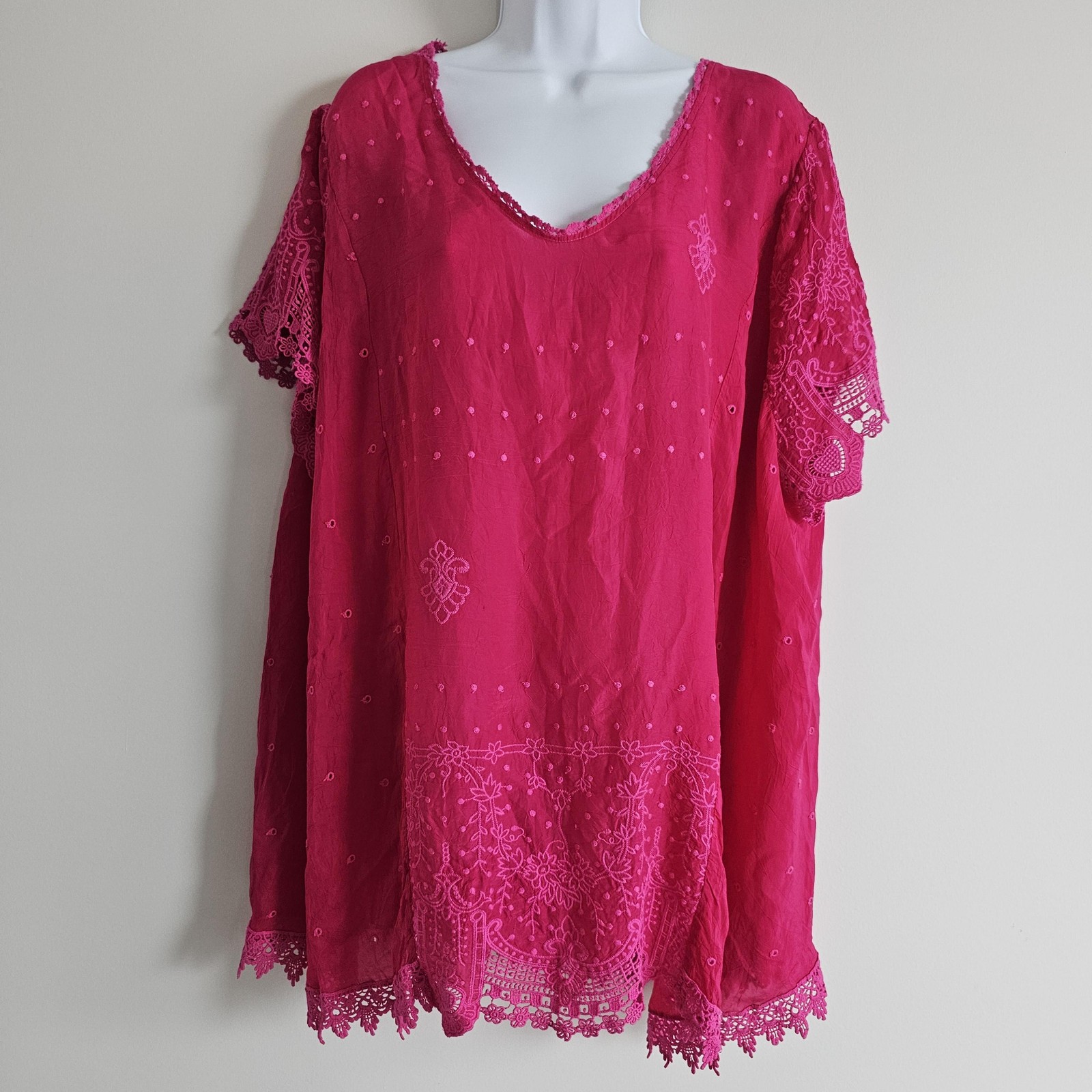 Johnny Was Blouse Womens 2X Pink Embroidered Eyelet Boho Tunic Colorful Coastal