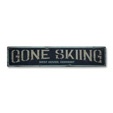 Gone Skiing, Custom Ski Location City - Rustic Distressed Wood Sign