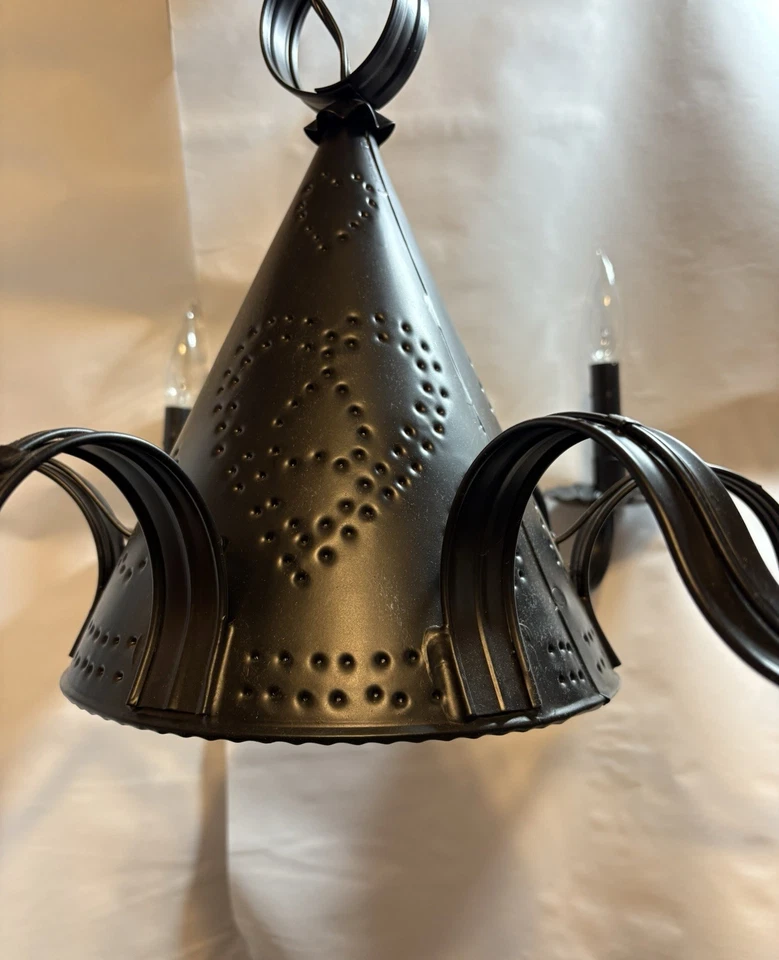 Chandelier Vintage Punched Tin Witch Hat 6 Arm Light Fixture With Bulbs 26" Diam - Image 3 of 4