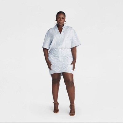 KBB by Kahlana Barfield Brown Striped Ruched Mini Shirt Dress Blue Size XXL