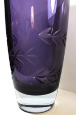 KROSNO Poland Purple Amethyst Art Glass Floral Vase Etched Leaves 9.5 In Candle