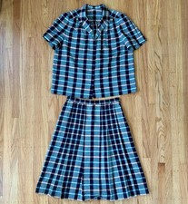 50s Plaid Set Pleated Skirt  Button Up Short Sleeve Top Womens Vintage Cute M/L