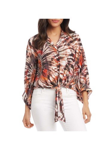 KAREN KANE Womens Coral Tie-front Blouson Long Sleeve Button Up Top S - Picture 5 of 6