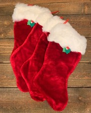 Vintage Christmas Stocking Lot RED VELVET White Fur Trim 4 PCS Felt Holly Decor