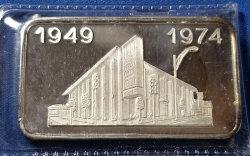 A 1974 First National Bank of Evergreen 1 oz Silver proof Swiss Bar