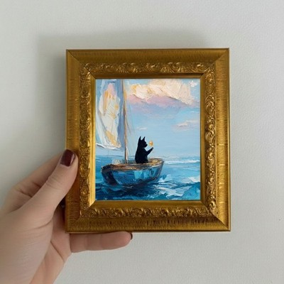Mini Drunk Cat Oil Painting in Original Handmade Frame, Living Room Decoration