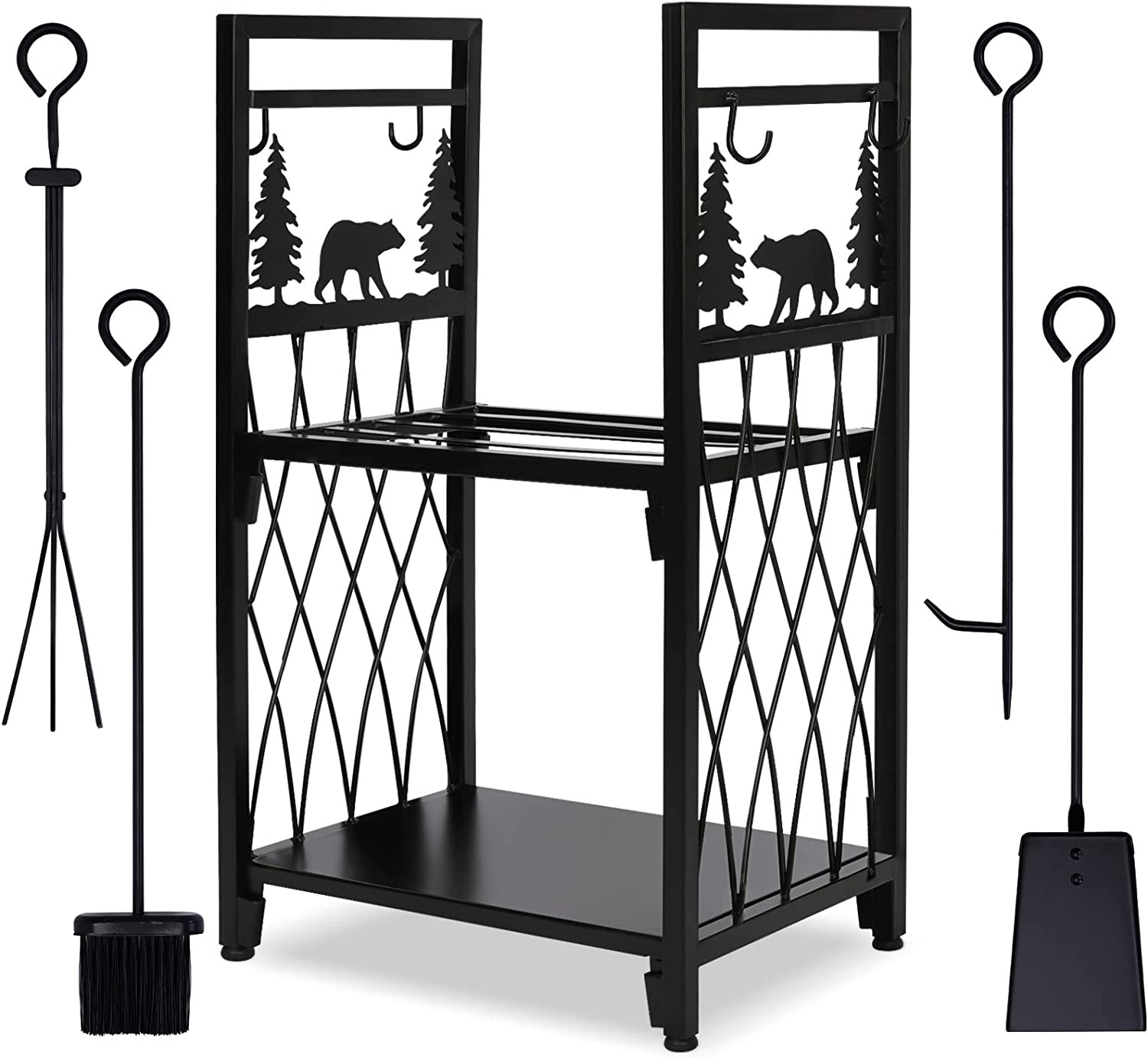 Firewood Rack with 4 Fireplace Tools, Fireplace Tool Sets Log Rack Outdoor Heavy