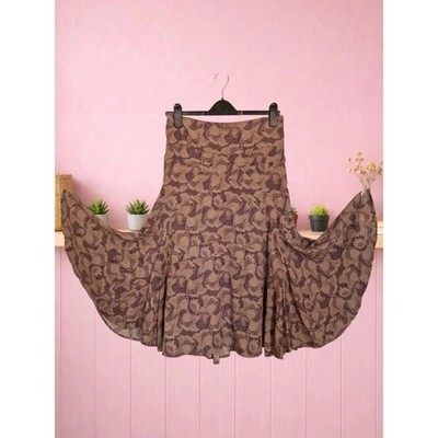 Fat Face y2k 100% silk Premium Purple Floral Fit Flare Midi Skirt UK18  A-Line