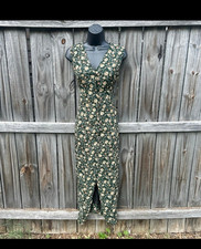 Bass Green Beige Floral V-Neck Sleeveless Button-Front Maxi Dress L