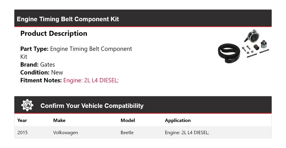Kit de componentes de correa de distribución de motor diésel para Volkswagen Beetle 2015 2L L4 puertas Foto 2 de 3