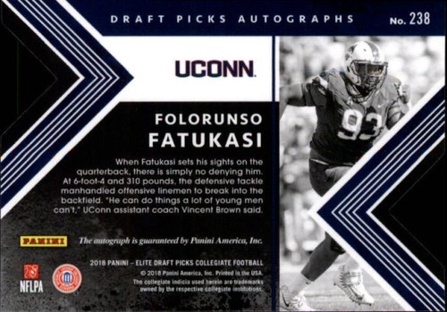 Panini Elite Draft Picks 2018 autógrafo estado Folorunso Fatukasi radiocontrol automático 1/10 - Imagen 2 de 2