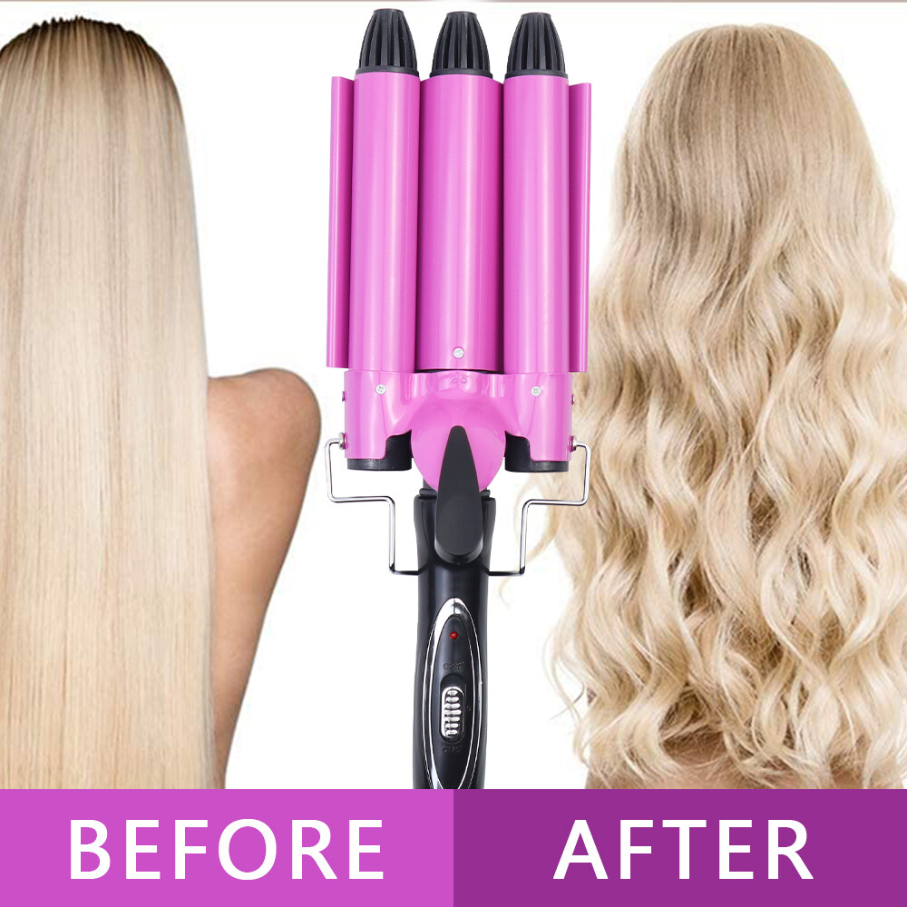 Hair Salon Ceramic 3 Triple Barrel Hair Wave Waver Curling Iron Curler Wand Pink