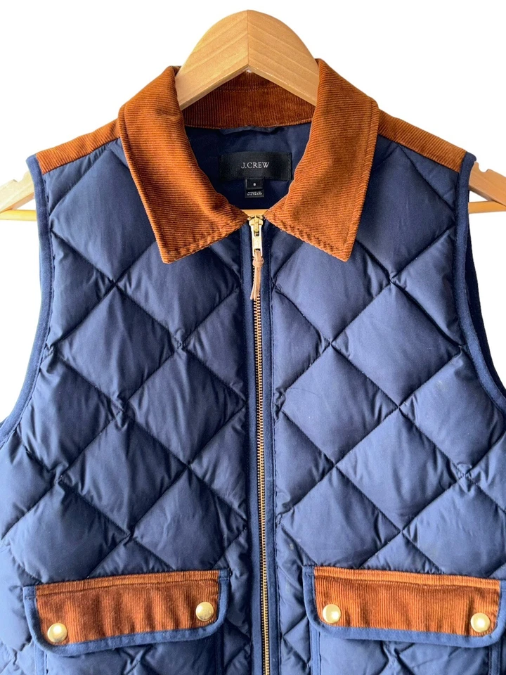 J. Crew Women's Size S Blue & Brown Corduroy Trim Down 2 Way Pocket Puffer Vest - Image 2 of 4