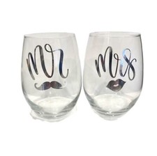 Mr. and Mrs. Wine Glass Gift Set Stemless Wine Glass Silver Bridal Shower Jemley