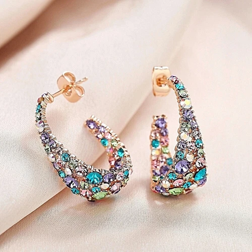 18K Rose Gold Filled Made With SWAROVSKI Crystal Multicolored Open Hoop Earrings